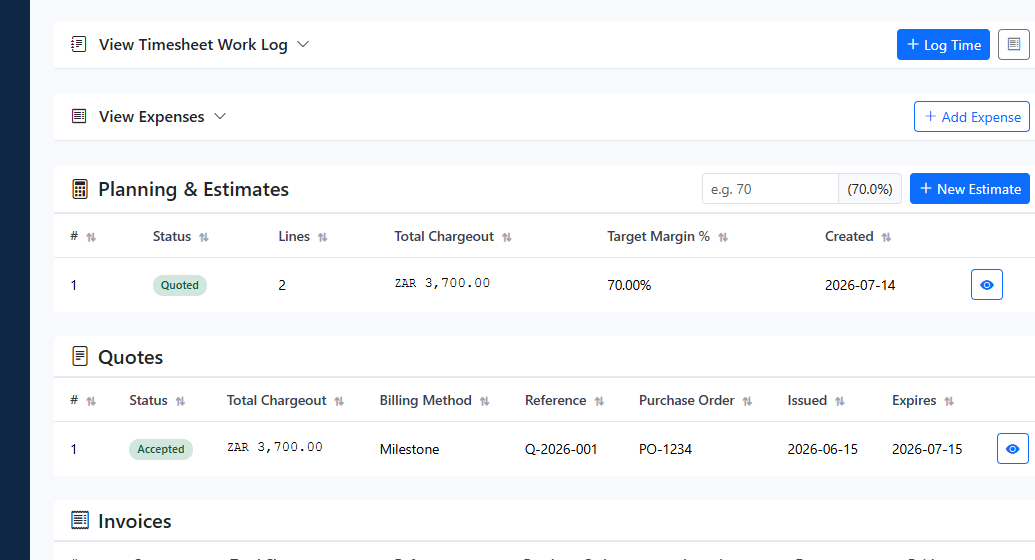 Use Planning & Estimates when scope, resource mix, or target margin changed. Start a new estimate scenario or open the current estimate row to refine chargeout, budget hours, planned cost, and target margin assumptions.