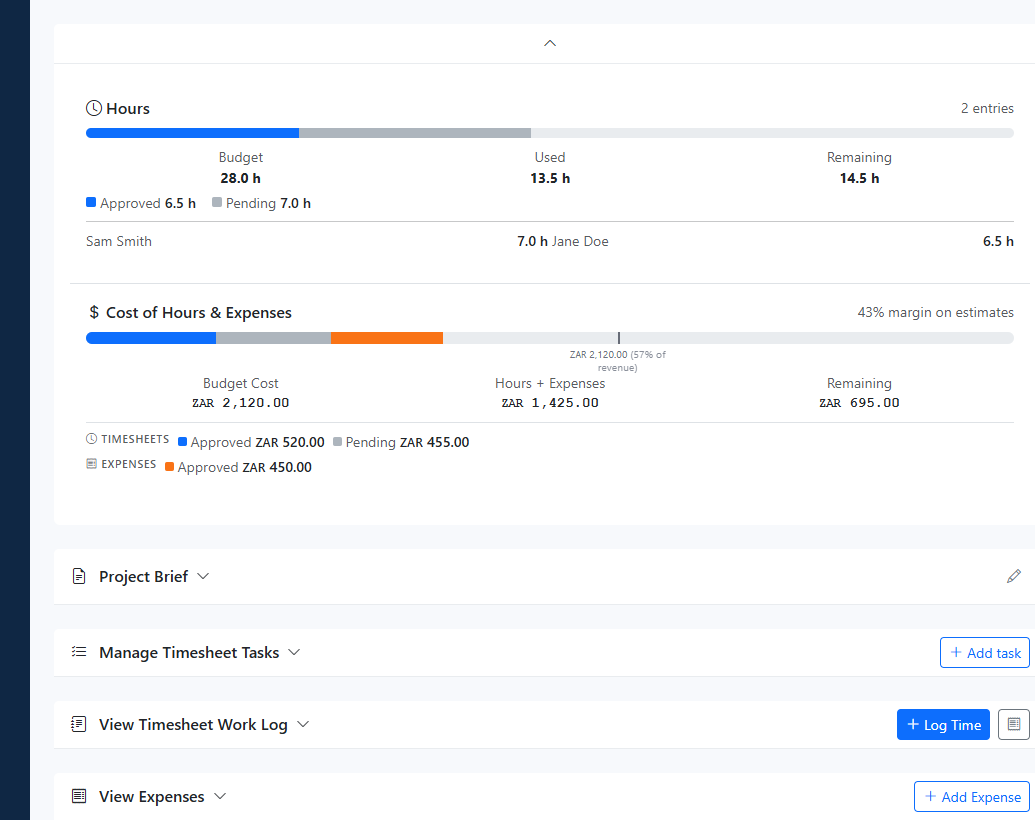 Expand the progress area to compare budgeted effort and cost against actual delivery. Use Hours and Cost of Hours & Expenses to decide whether the project is overrunning because of time, expenses, or both.