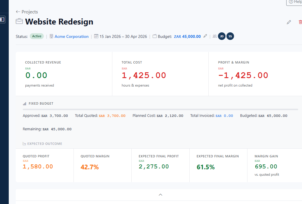 Open the project and orient yourself before changing anything. Read the financial summary before touching downstream records. Collected Revenue, Total Cost, Profit & Margin, Fixed Budget, and Expected Outcome tell you whether the problem is cash collection, delivery cost, or margin leakage.