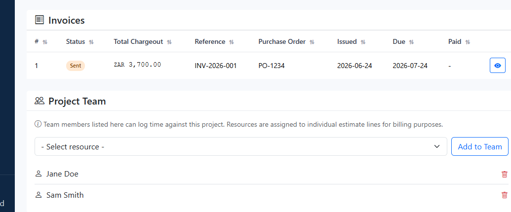 Use Invoices only when the project is ready to bill. Check the invoice status, reference, purchase order, issued date, due date, and paid state after the estimate and quote path already reflects the correct commercial story.