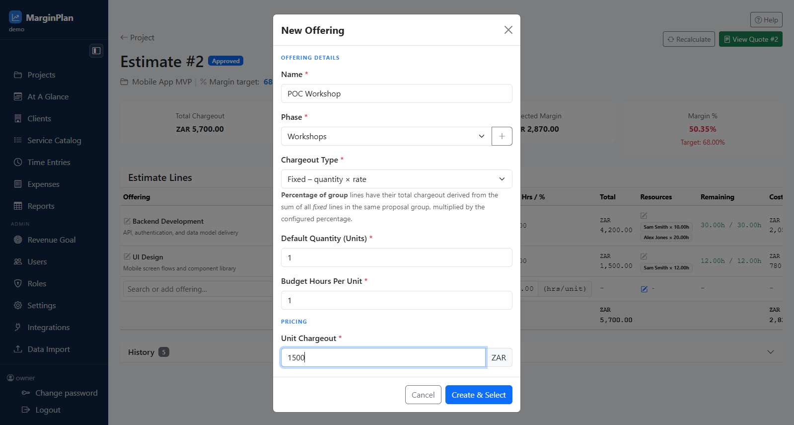 If the required Offering does not exist, use the quick add flow to create it, then return to the same Add row and select it before saving the line.