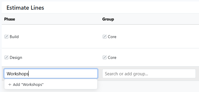Create new Phase or Group labels directly in the inline selectors when the exact delivery bucket does not exist. Enter the new value in the search box, select the create option, and confirm it appears on the line before saving.