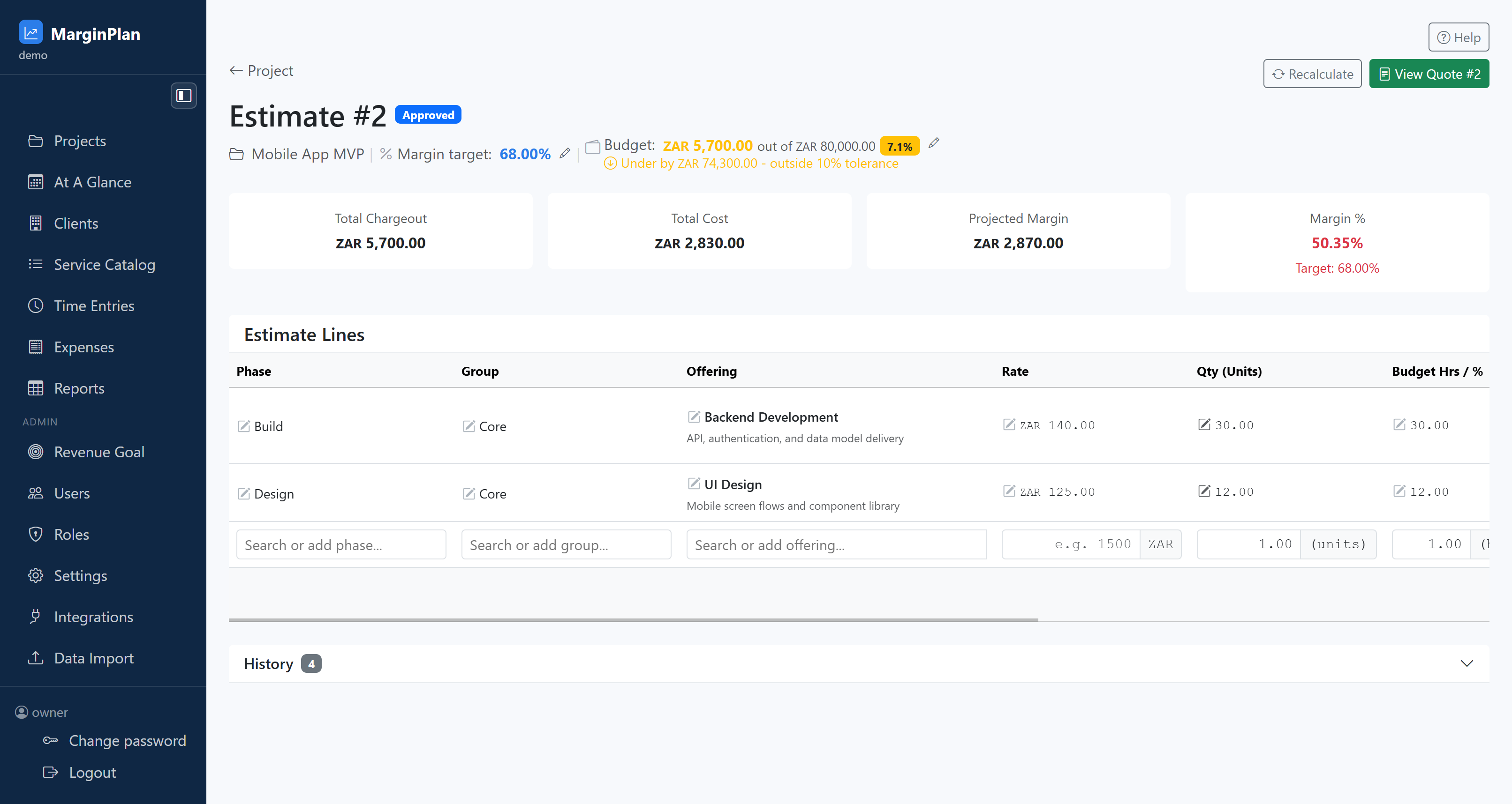 Read margin target and budget utilization first. This tells you whether the model is currently underpriced, over budget, or already outside tolerance before you touch line items.