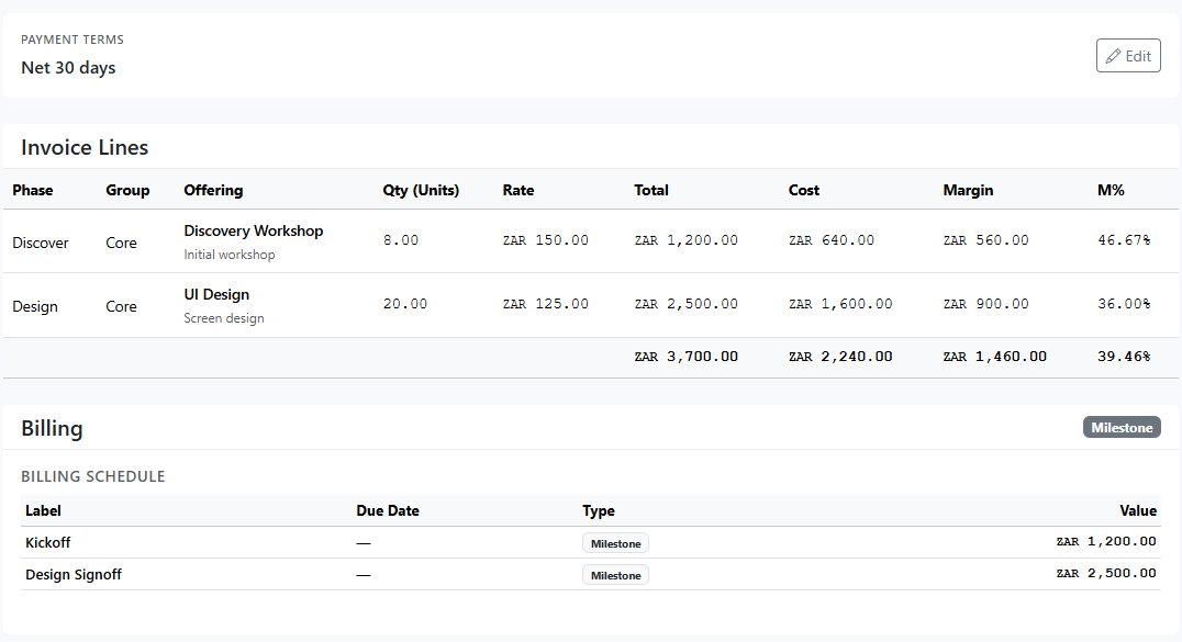 Complete Invoice Details and confirm Payment Terms. Keep internal reference and client PO current, then ensure terms match contractual expectations before issuing.