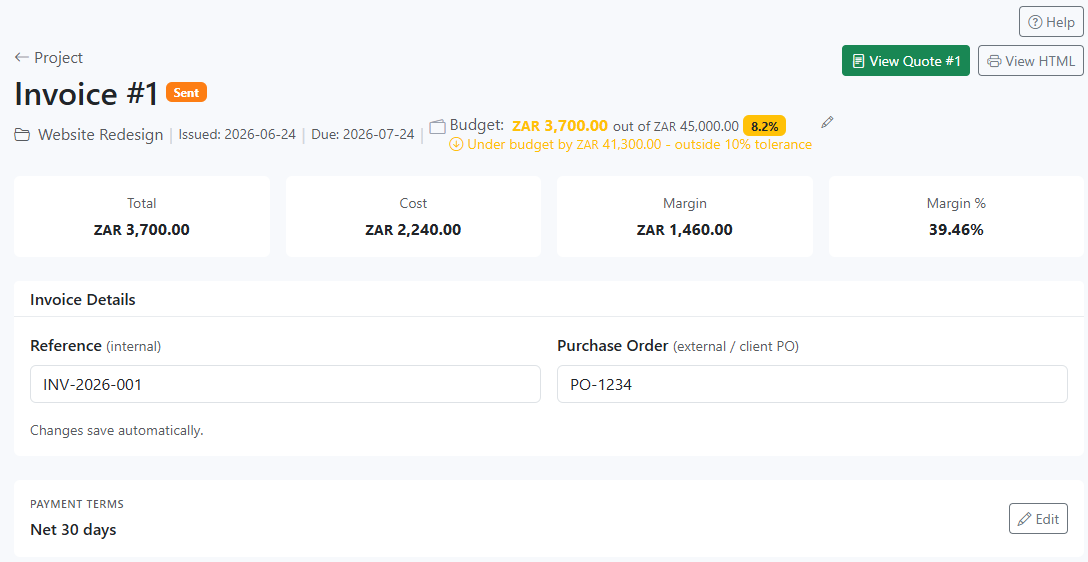 Start by confirming invoice identity and lifecycle state. Validate status, issued/due dates, and project context so you do not apply issue or payment actions to the wrong record.