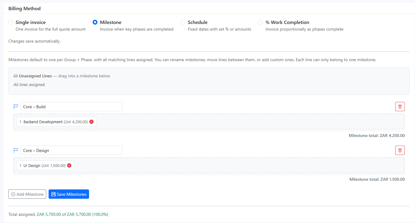 Inspect Billing Method and milestone values so commercial promise and invoice mechanics remain aligned. Milestones should be clear, complete, and financially coherent.