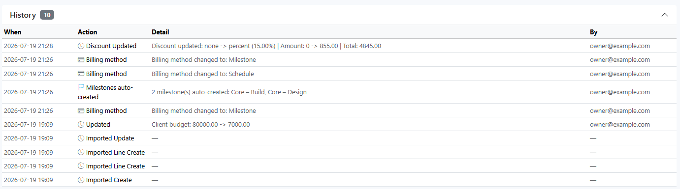 Expand History and confirm event sequence integrity. The timeline should clearly show imported/created/updated actions in an order that supports audit and billing confidence.