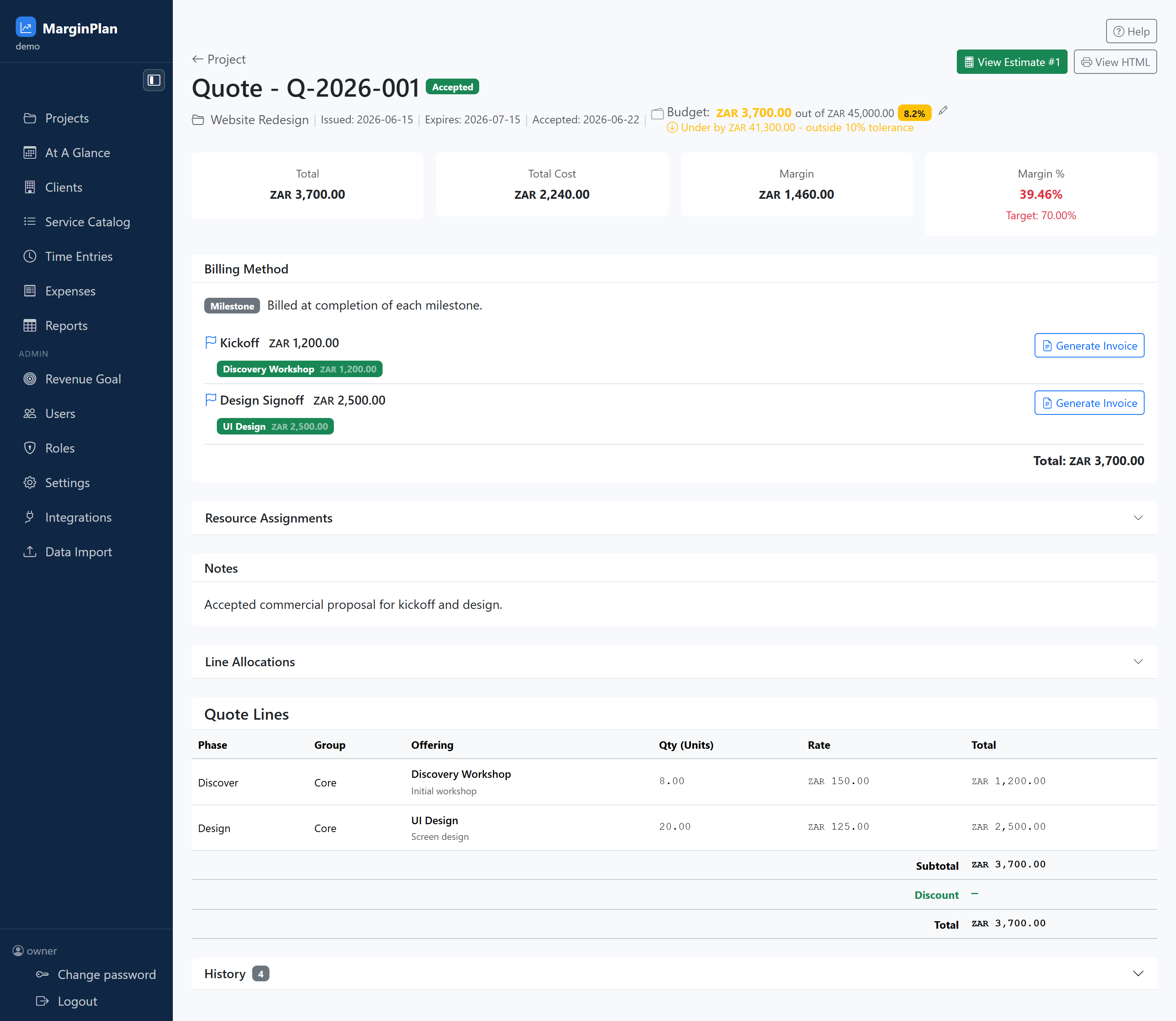Start by confirming quote identity and lifecycle state. Verify quote reference, status, and project name so you know whether this is a draft review, send-ready review, or post-acceptance control check.