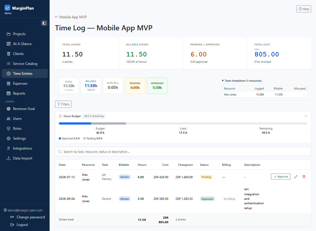 Project Time Entries screenshot
