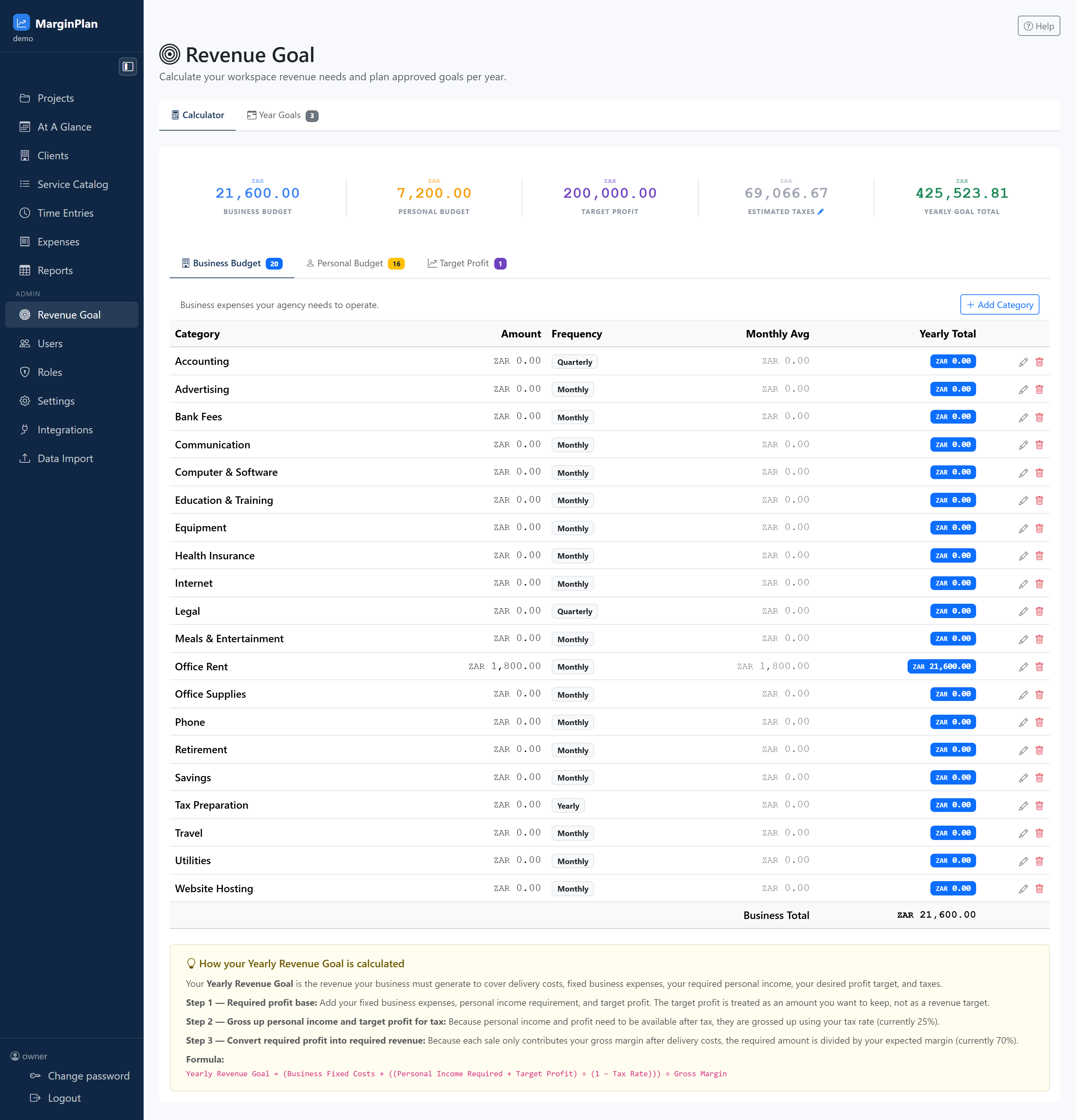 Start in Calculator and verify the summary bar math context before editing any assumptions. Confirm Business Budget, Personal Budget, Target Profit, Estimated Taxes, and Yearly Goal Total are directionally plausible.