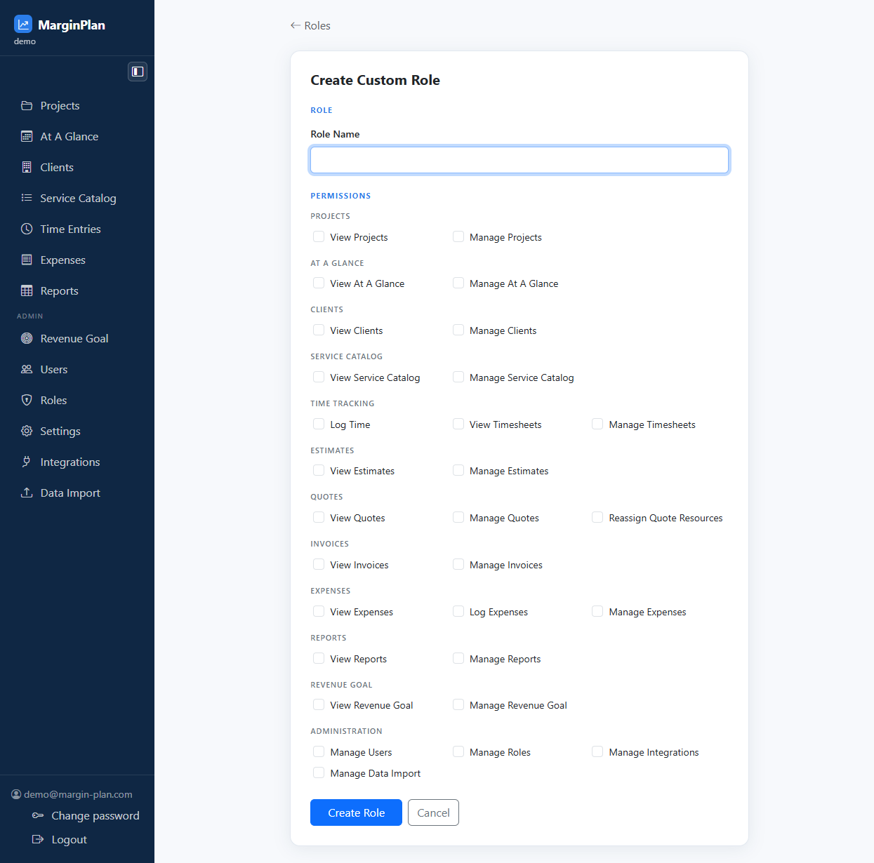Name the new role for its audience, then check only the permissions that role should consistently carry. Save when the bundle is specific enough to be understood later by another admin without extra explanation.