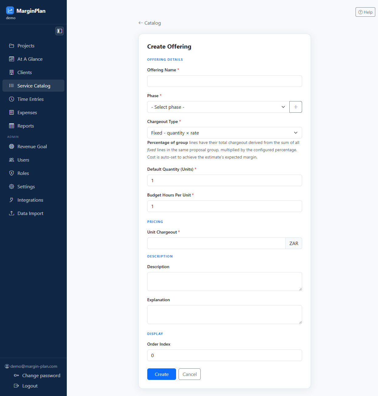 Catalog Offering Form screenshot