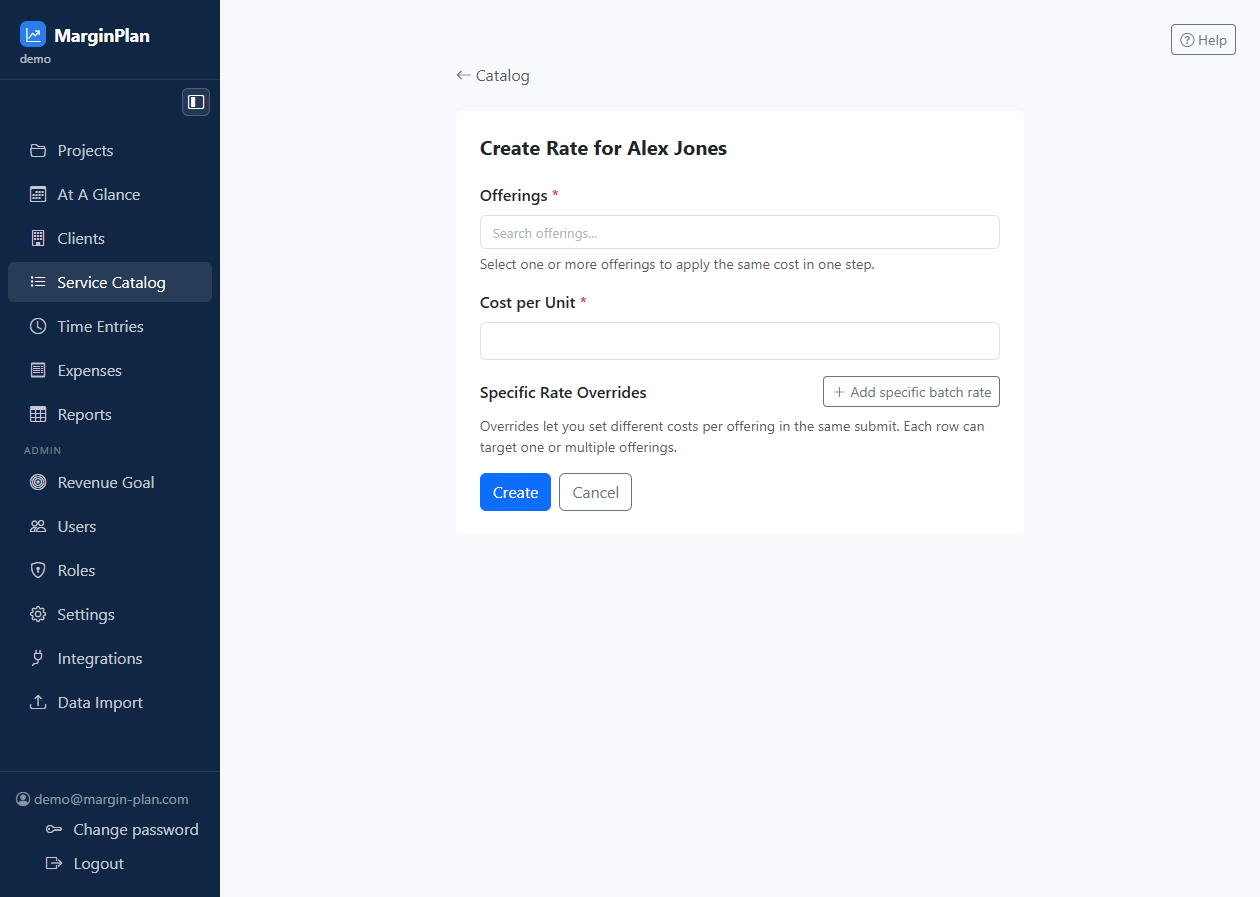 Catalog Rate Form screenshot