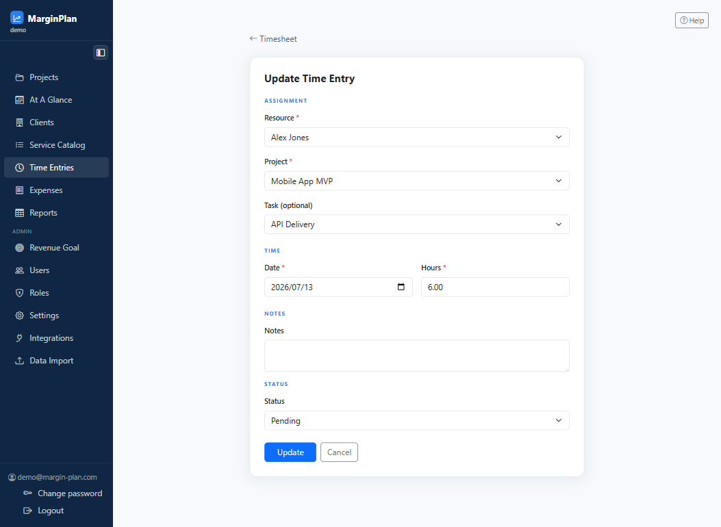 Time Entry Form screenshot